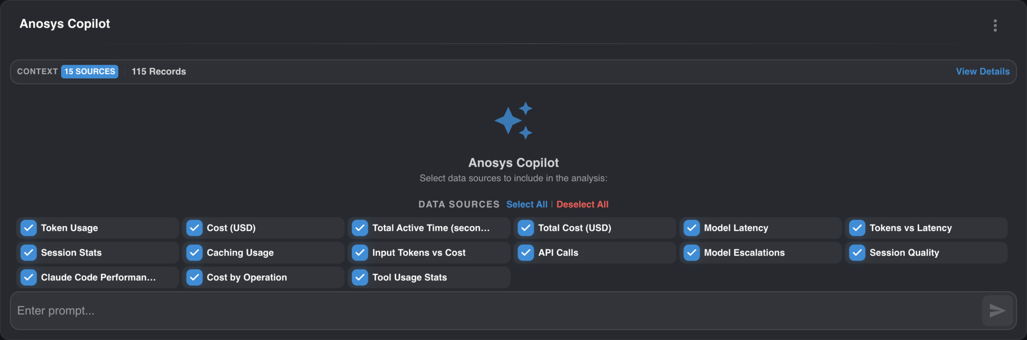 AnoSys Copilot interface letting the user select data sources such as token usage, cost, and tool usage stats to include in a natural-language analysis