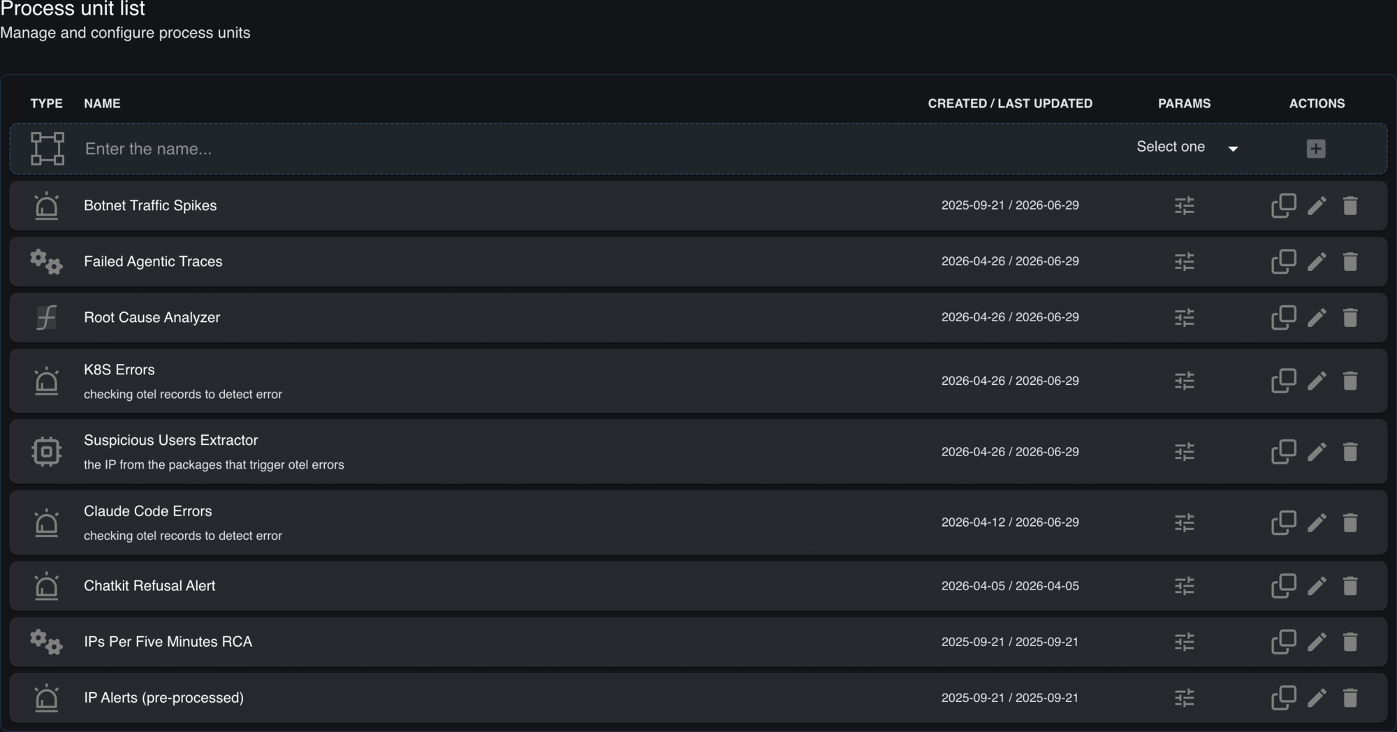 AnoSys console process unit list for monitoring alerts, root cause analyzers, and workflow health