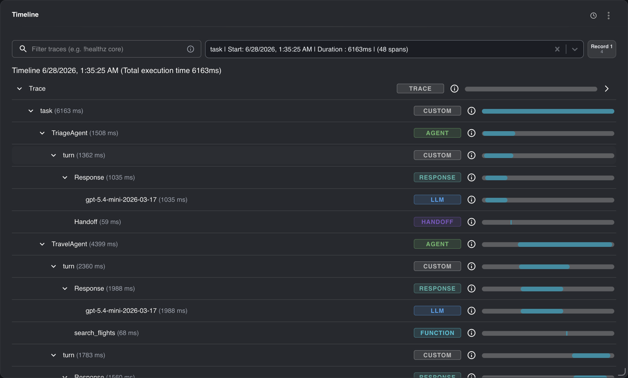 AnoSys console trace timeline showing agent spans, model calls, handoffs, and function execution timing